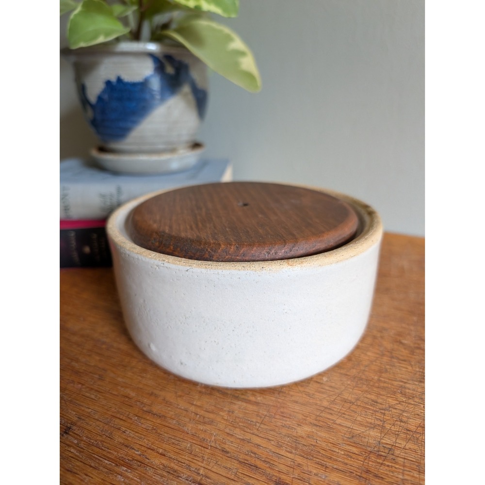 Vintage Studio Pottery Stoneware Canister with Wood Lid Cream Ceramic Jar